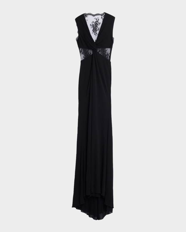 Twisted Plunging Lace-Inset Sleeveless Gown